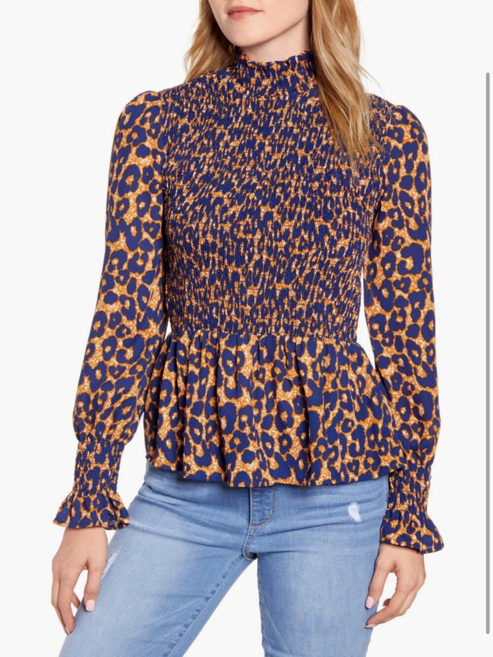 NWT GibsonLOOK Smocked Peplum Blouse Navy Copper Animal Print PXL